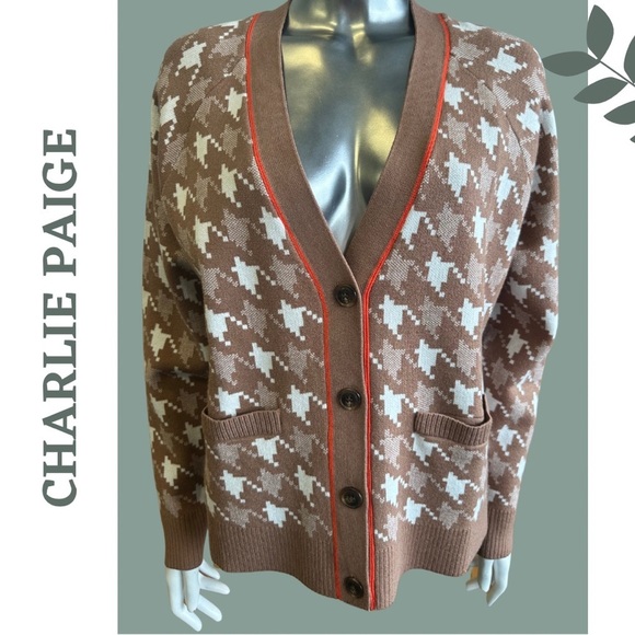 Charlie Paige Sweaters - Charlie Paige Long Sleeve Button Up V-Neck Cardigan Brown Cream Orange Large